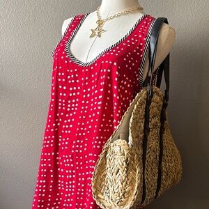 Red Polka Dot Swing Sleeveless Mini Dress – Contrast Stripe Trim – Size Medium